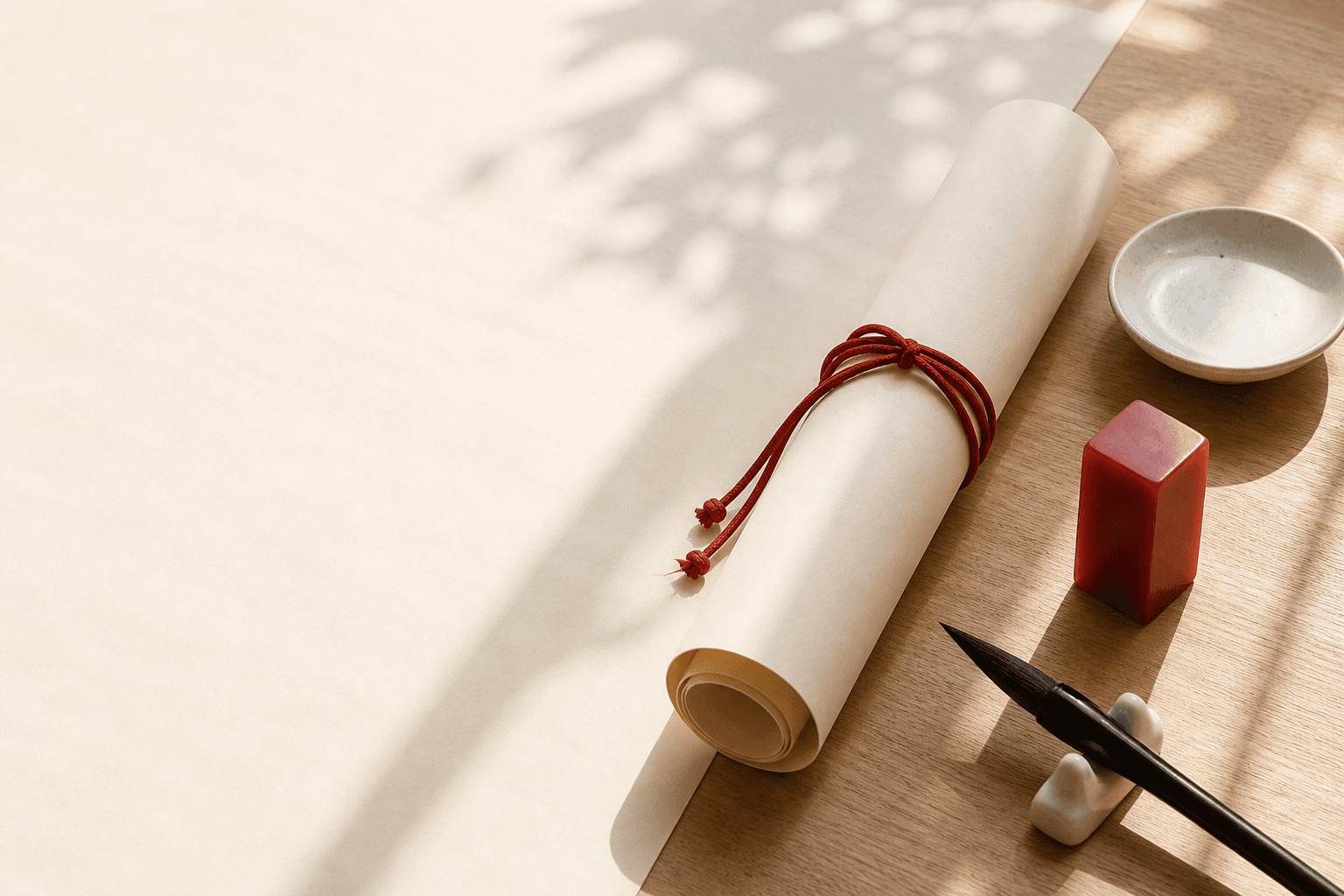 Blank rolled paper tied with red silk cord beside a porcelain dish, red seal, and brush