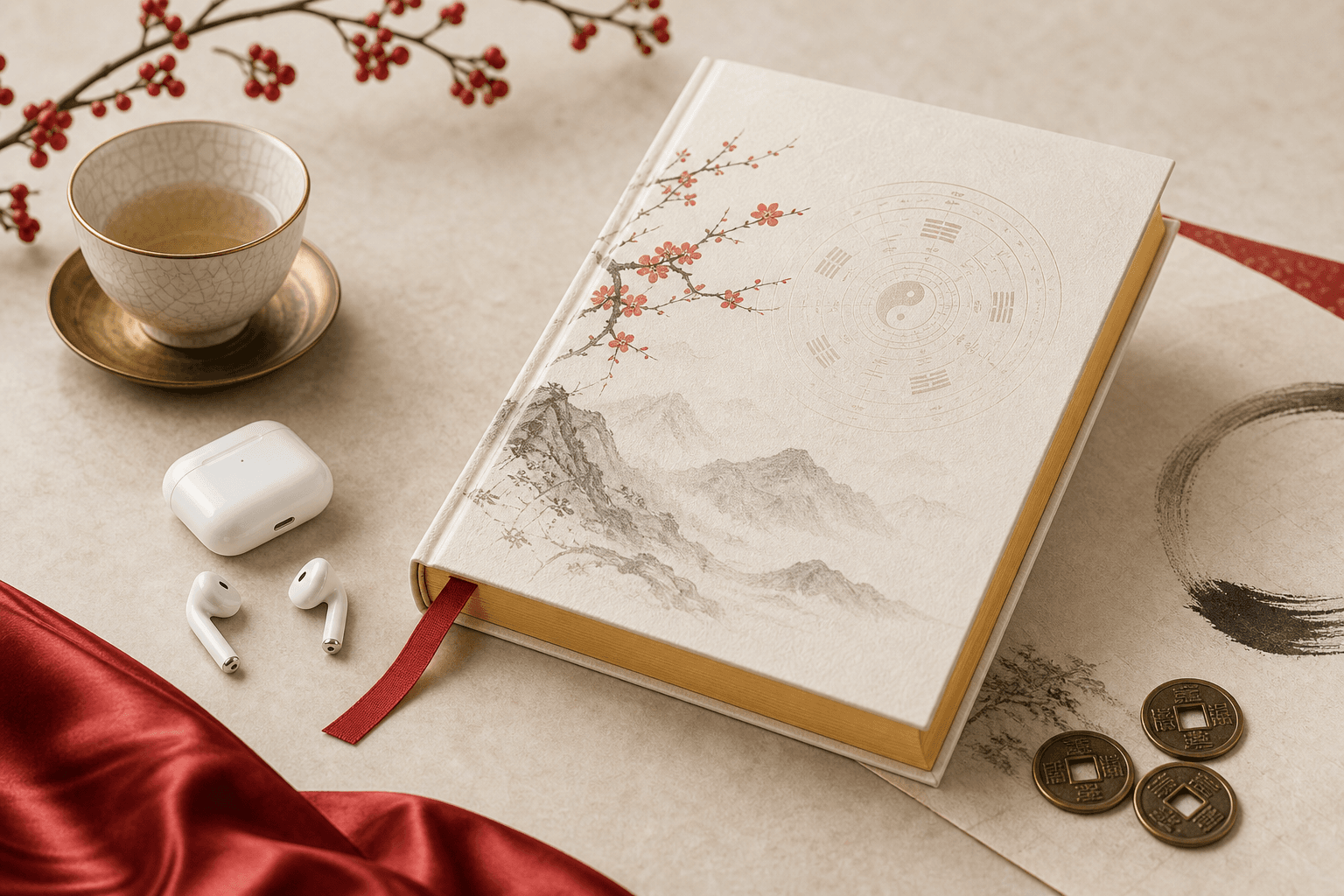 Ivory book, earbuds, porcelain cup, coins, and red ribbon