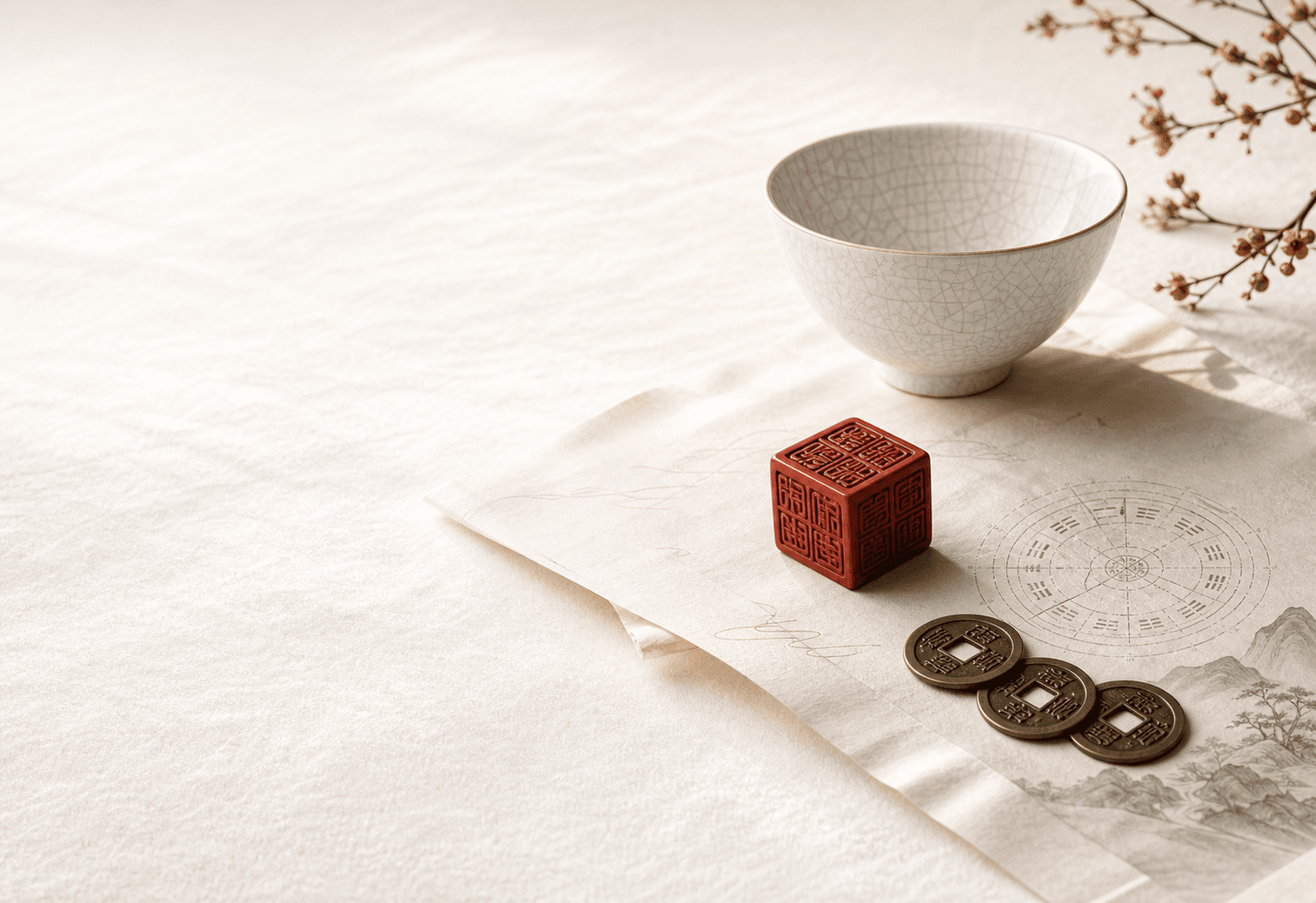 Porcelain, a red seal, and a Chinese calendrical diagram