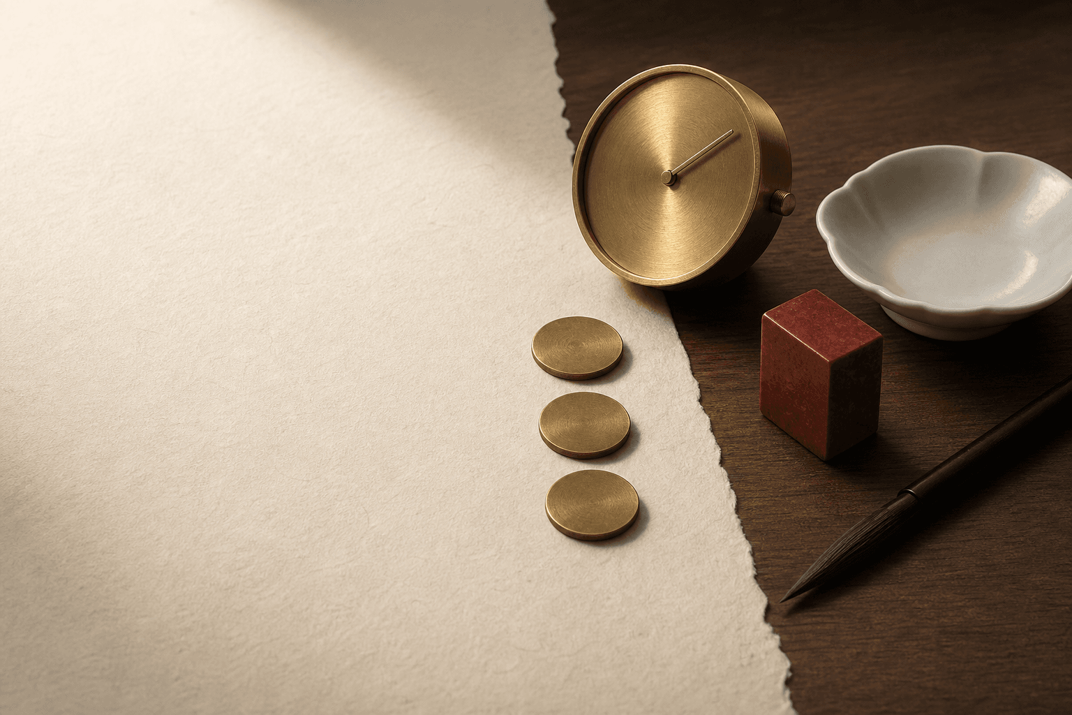 Plain brass timepiece and three brass tokens on handmade paper beside porcelain and a red seal